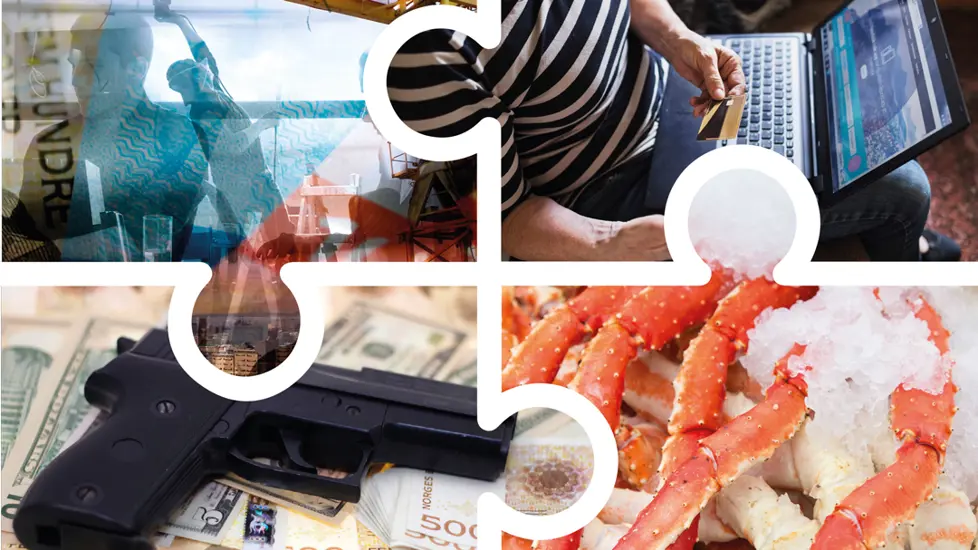 Fire bilder av henholdsvis en byggeplass, en laptop, en pistol og kongekrabber satt sammen som et puslespill.