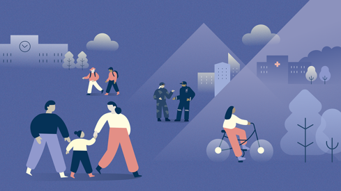 Illustrasjon til Statsbudsjettet 2026. Viser et samfunn med ulike mennesker: barn og voksne, personer i uniform og en person på sykkel, med bygninger, trær og skyer i bakgrunnen.