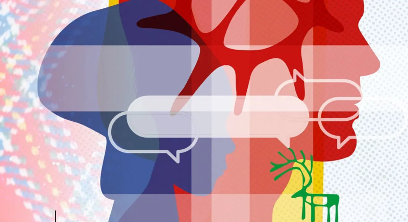 Illustrasjon som er på forsiden til handlingsplanen, vi ser to personer i profil, det samiske soltegnet og et reinsdyr. Alt har samiske farger.