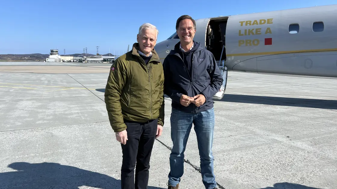 NATO Secretary General Mark Rutte and Prime Minister Jonas Gahr Støre at the runway of Evenes flight station.